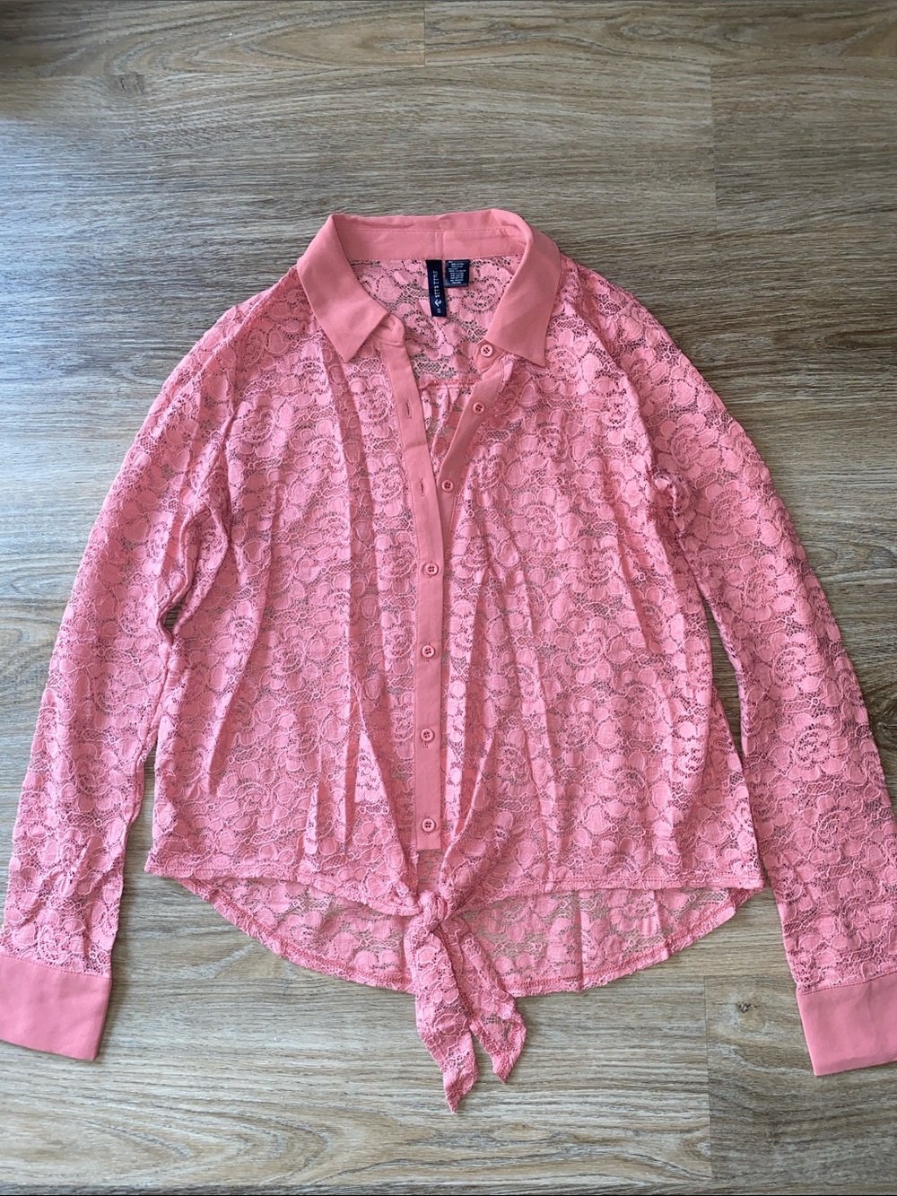 Full Tilt Coral Lace Tie-Front Button Down Shirt